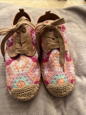 Copper Key Crochet Lace-Up Sneakers in Pink, Peach, Mint and Tan.